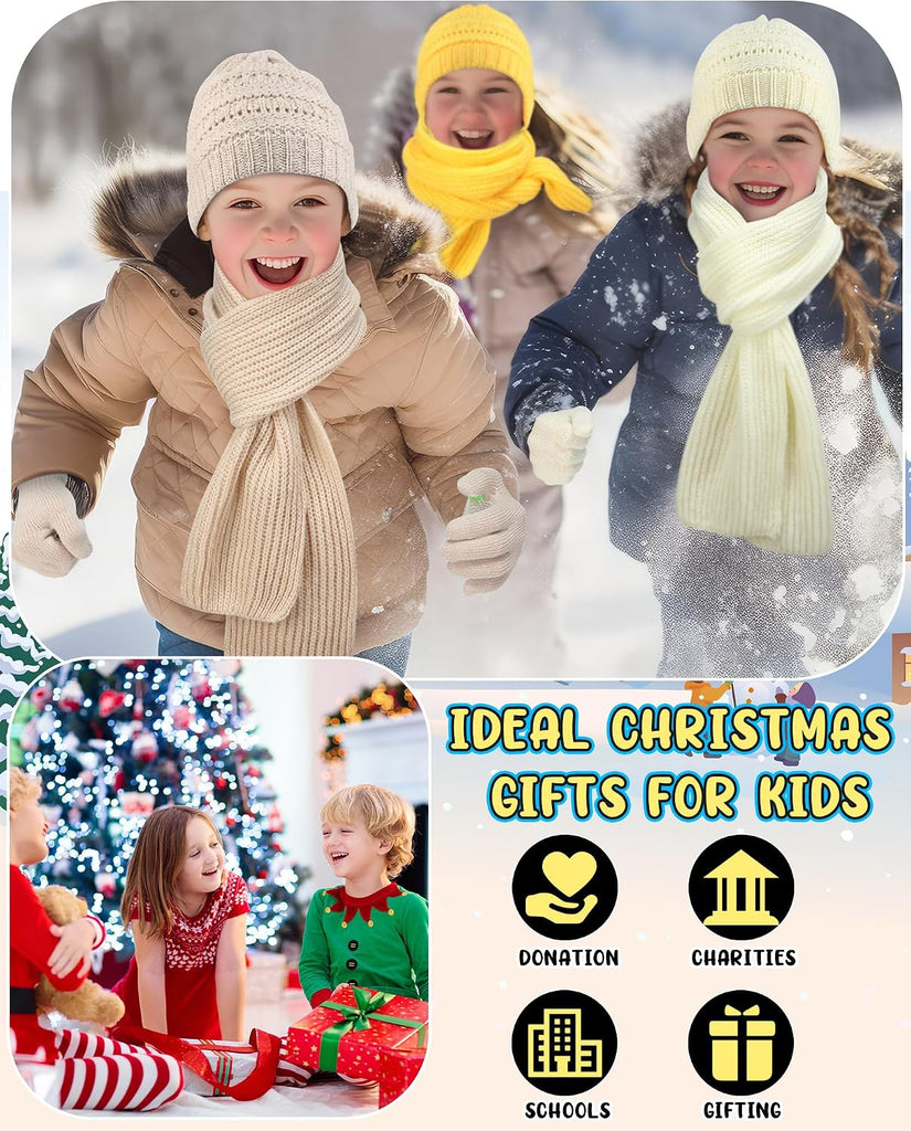 Kids Hat Gloves Scarf Winter Set, Warm Knitted Beanie Caps Scarves Gloves Bulk for Boys Girls Donation Cold Weather