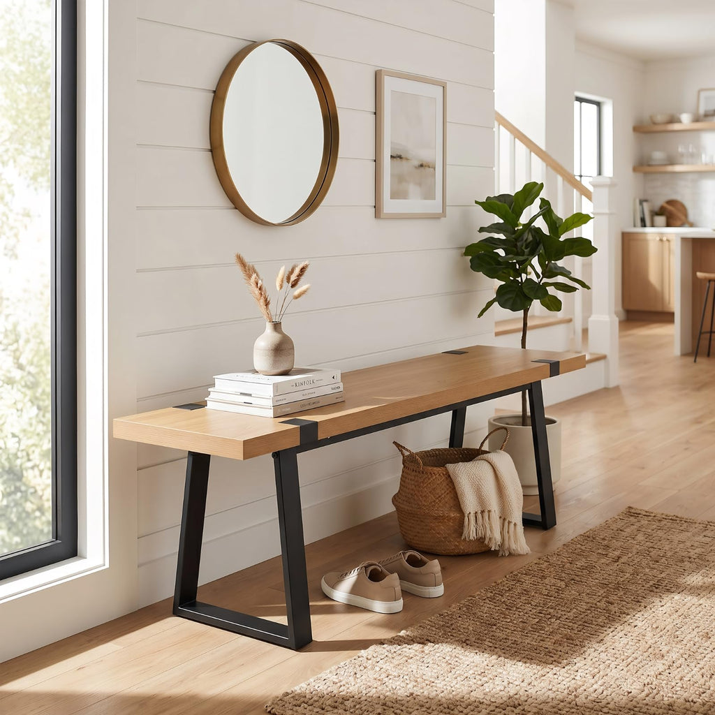 60" Entryway Bench Wood Dining Bench Bedroom Bench Modern Minimalist Long Slatted Bench Hallway, Sturdy Solid Wood
