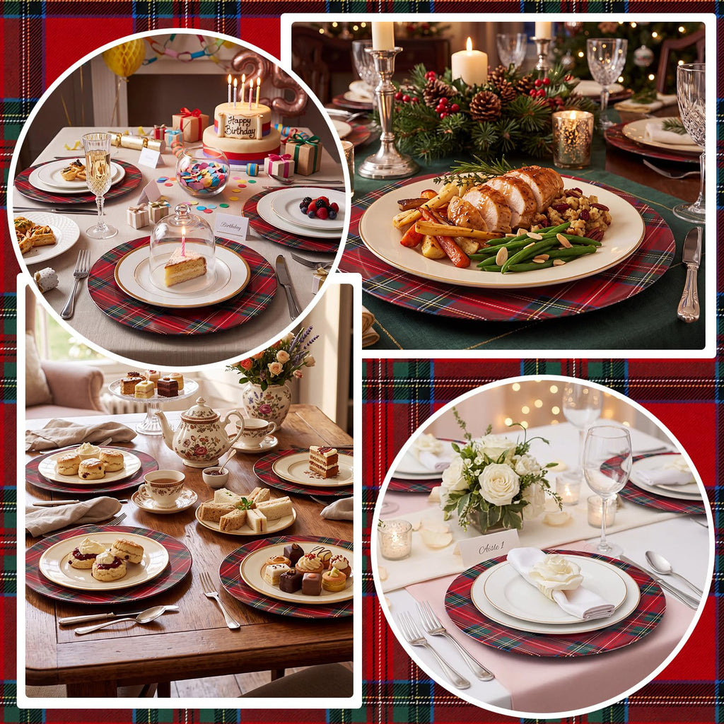 6 Pack Christmas Tartan Plaid Charger Plates 13 Inch, Red