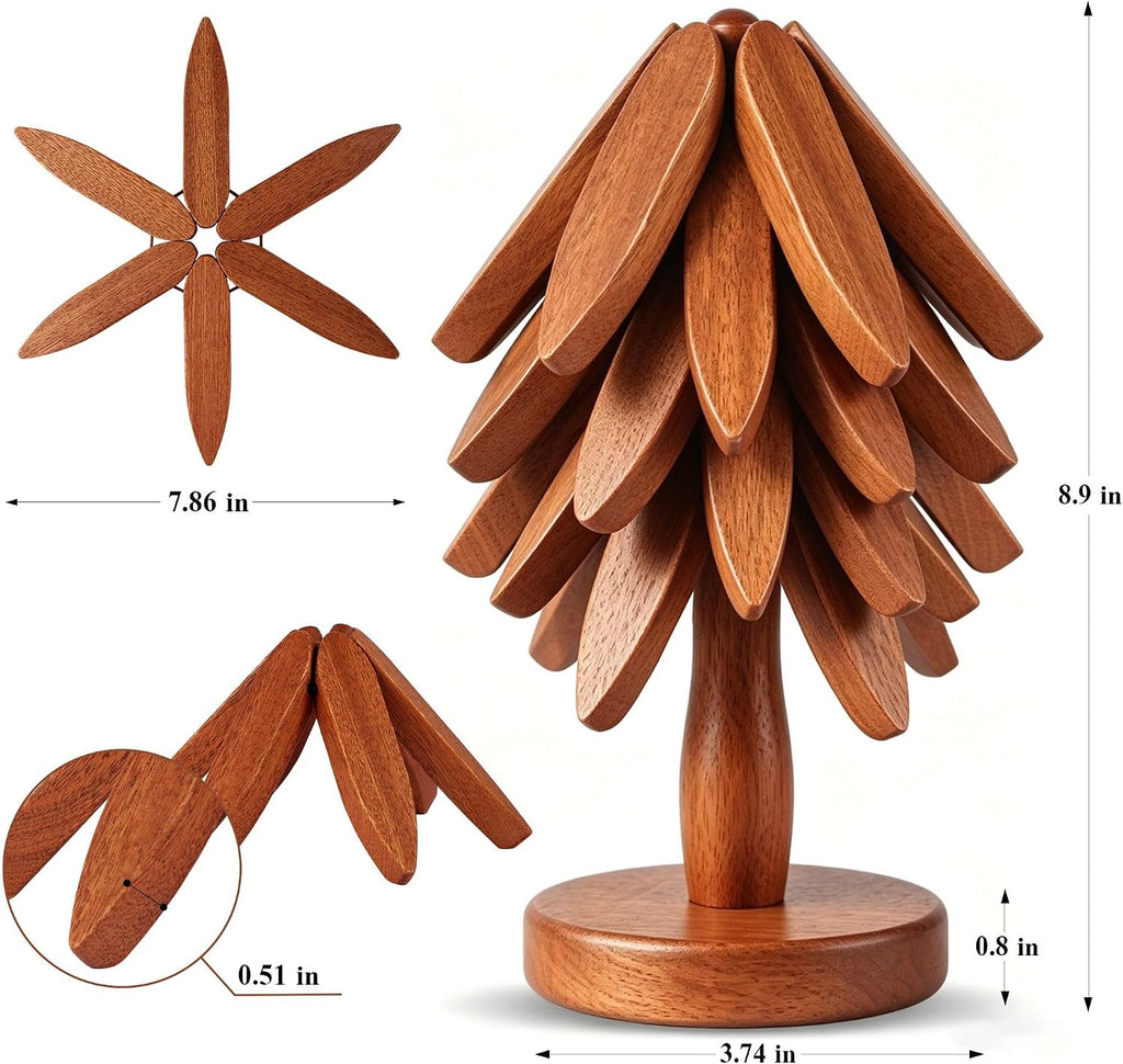 Wooden Tree Trivet Set - Natural Wood Coasters Trivets for Hot Dishes, Christmas Tree Trivet for Hot Pots Pans - Set of 4