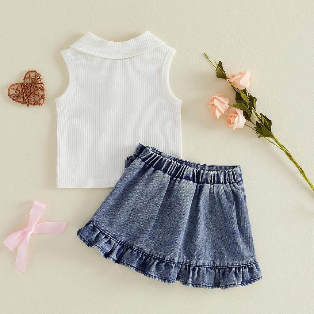 Toddler Baby Girl Summer Outfits Sleeveless Lapel Collar Ribbed Tank Tops Ruffle Jean Skirt Set Cute Clothes