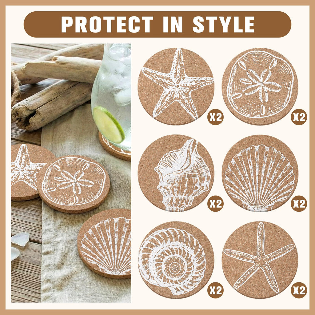 12 Pcs Coastal Coasters for Drinks Beach Cork Sea Shell Mat Gift