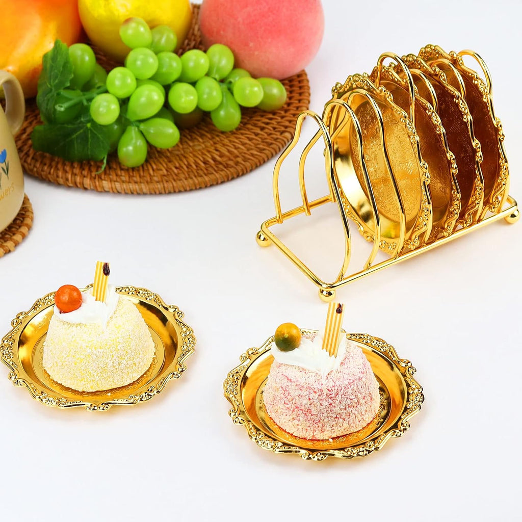 Round Decorative Drink Coasters, Gold Coaster Set with Holder Stand - Set of 6