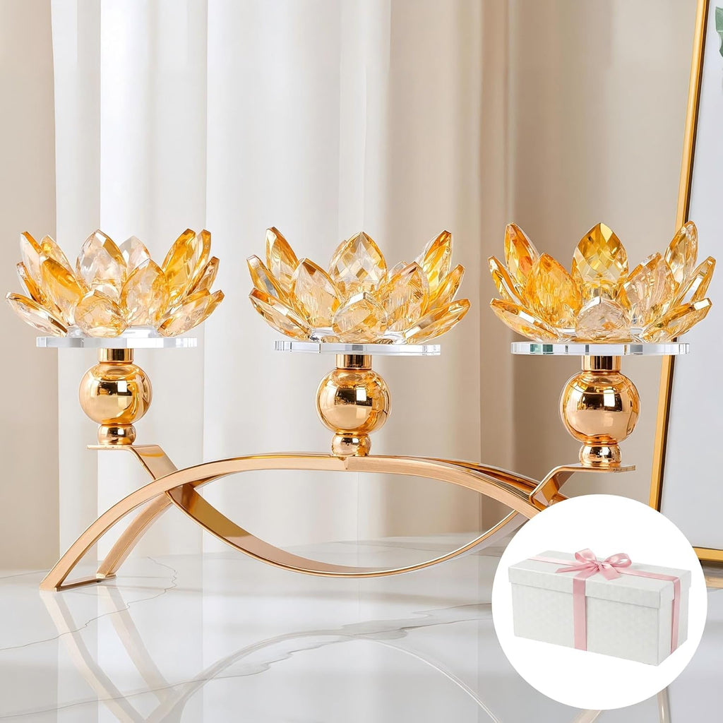 Crystal Candle Holder, 5.6" Tall Gold Centerpieces for Tables, 3-Arm Lotus Candelabra, Home Decor, Coffee Table and