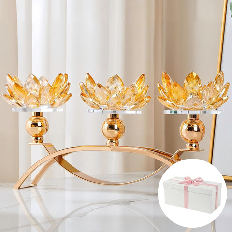 Crystal Candle Holder, 5.6" Tall Gold Centerpieces for Tables, 3-Arm Lotus Candelabra, Home Decor, Coffee Table and