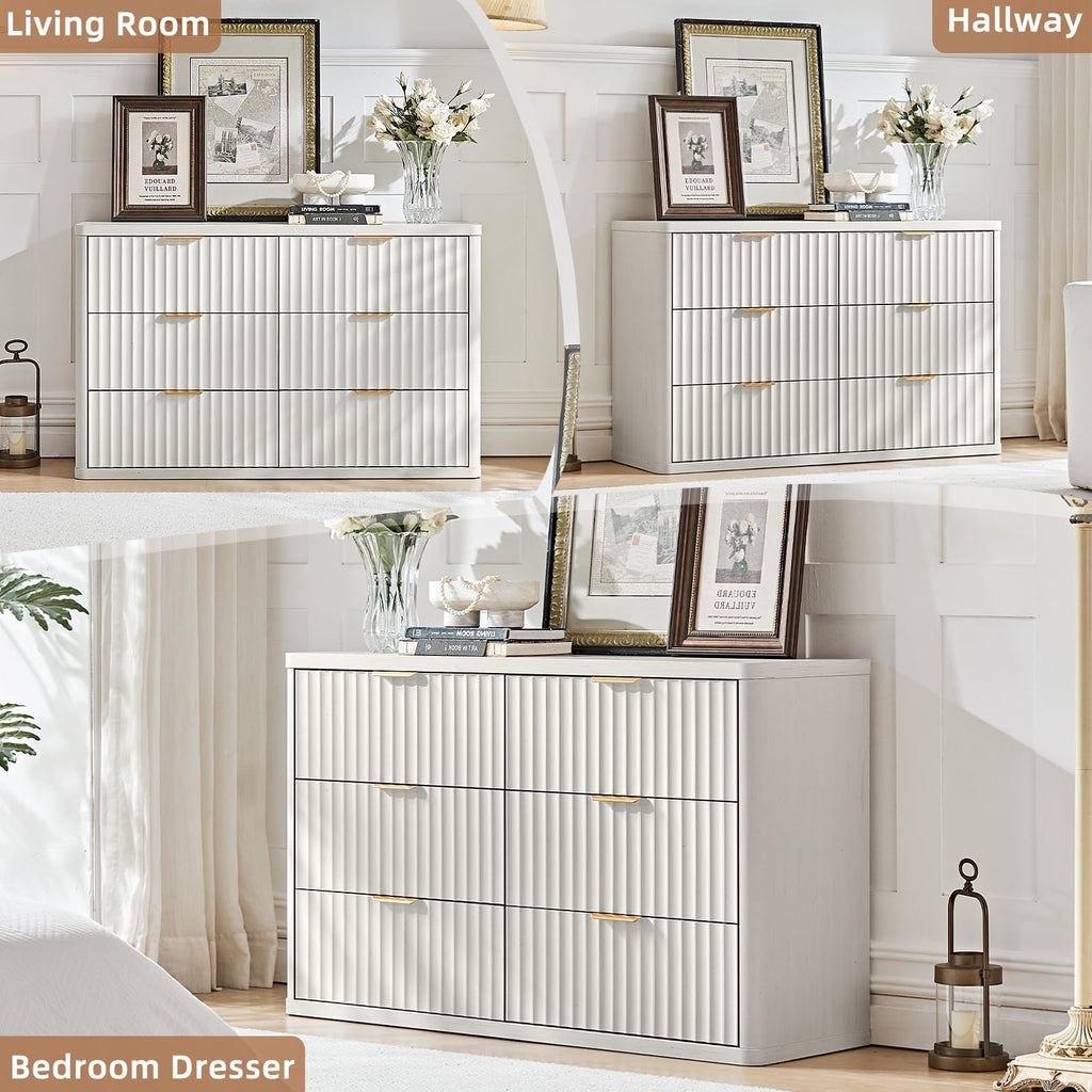 Fluted 6 Drawers Dresser, 48" Wide Modern Chest of Drawers with Wood Grain Top, Curved Profile Design, Dresser TV