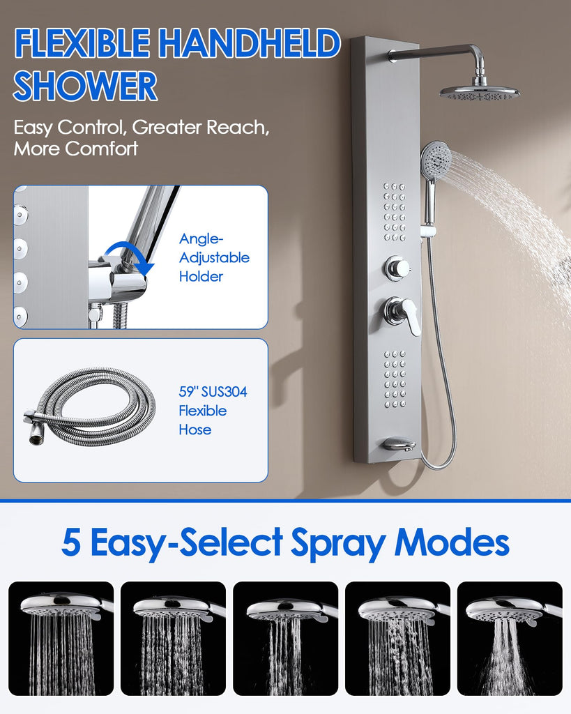 Shower Panel Tower System, 4 Functions, Surface Wall Mount, Brushed