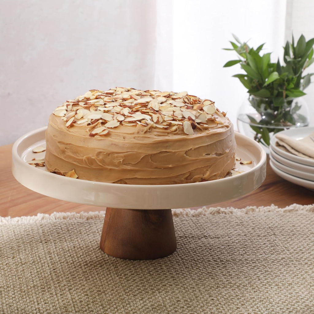 10.7-Inch Stoneware Cake Stand with Acacia Wood Base - Taupe Round Dessert Display Stand for Cakes, Cupcakes & Party