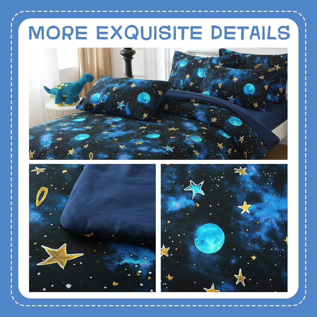 Kids Comforter Sets Full for Boys, Glow in The Dark Blue Starry Sky Space Bedding Set 4 Pieces - Boy Soft Bed Set