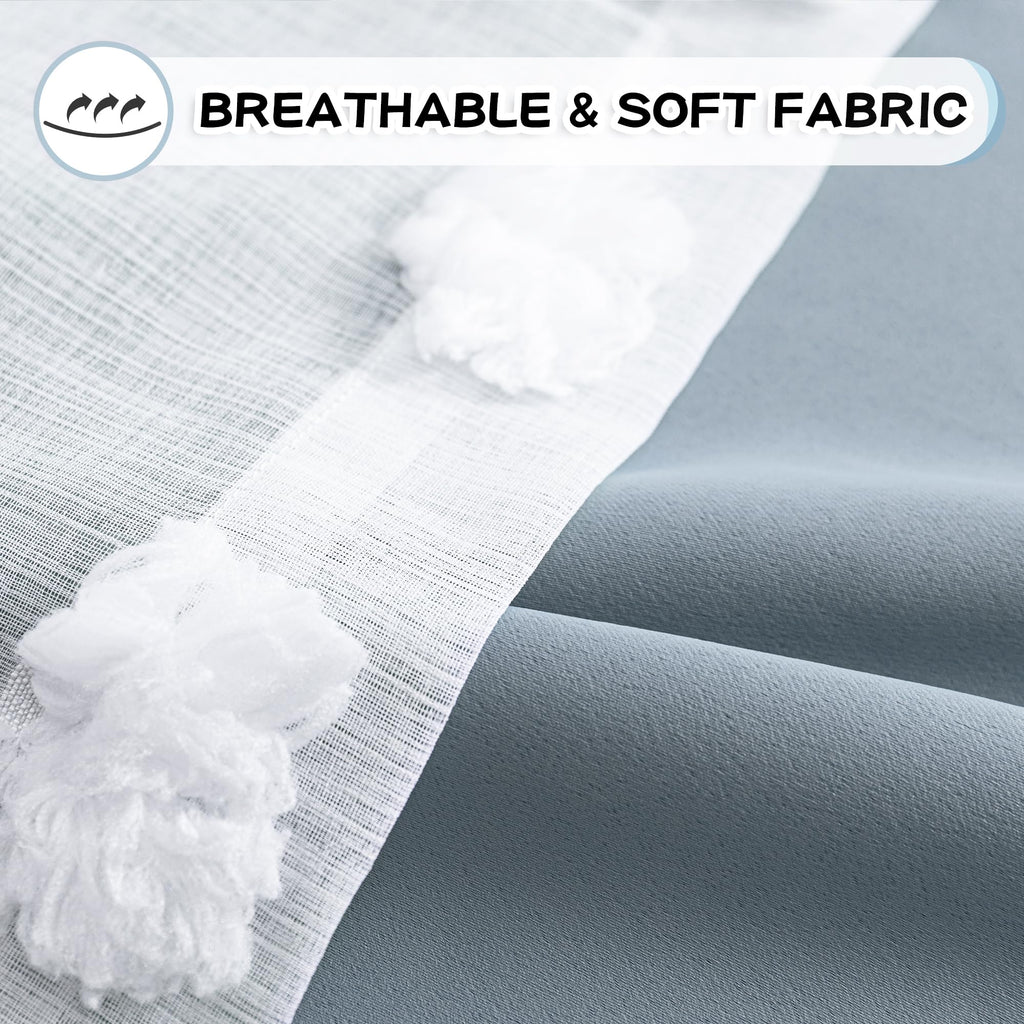 Room Darkening Curtains White Sheer Pom Pom Curtains Dusty Blue Blackout Curtains for Sliding Door Decor Drapes 2
