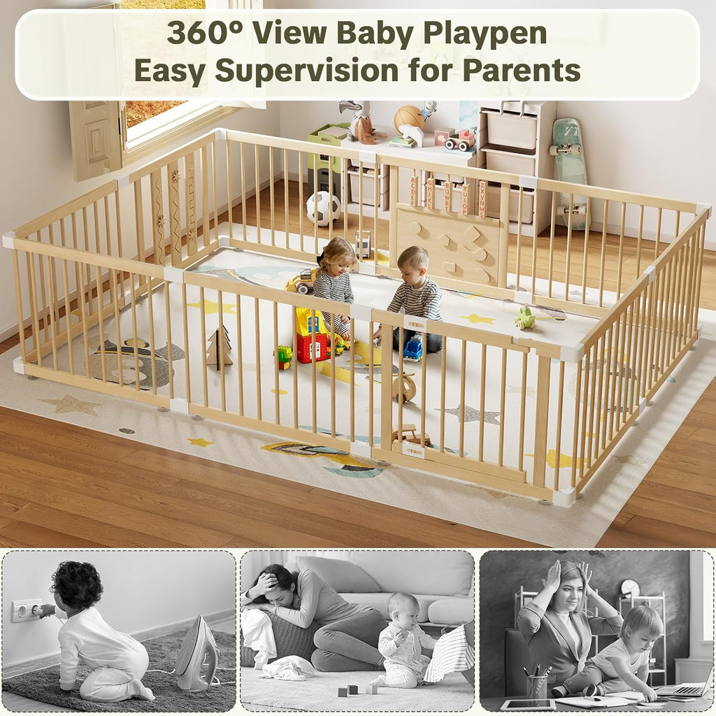 Wooden Baby Playpen with Child Safety Lock, 94x64 Inch Large Playpen for Babies and Toddlers Indoor Foldable Play Pen