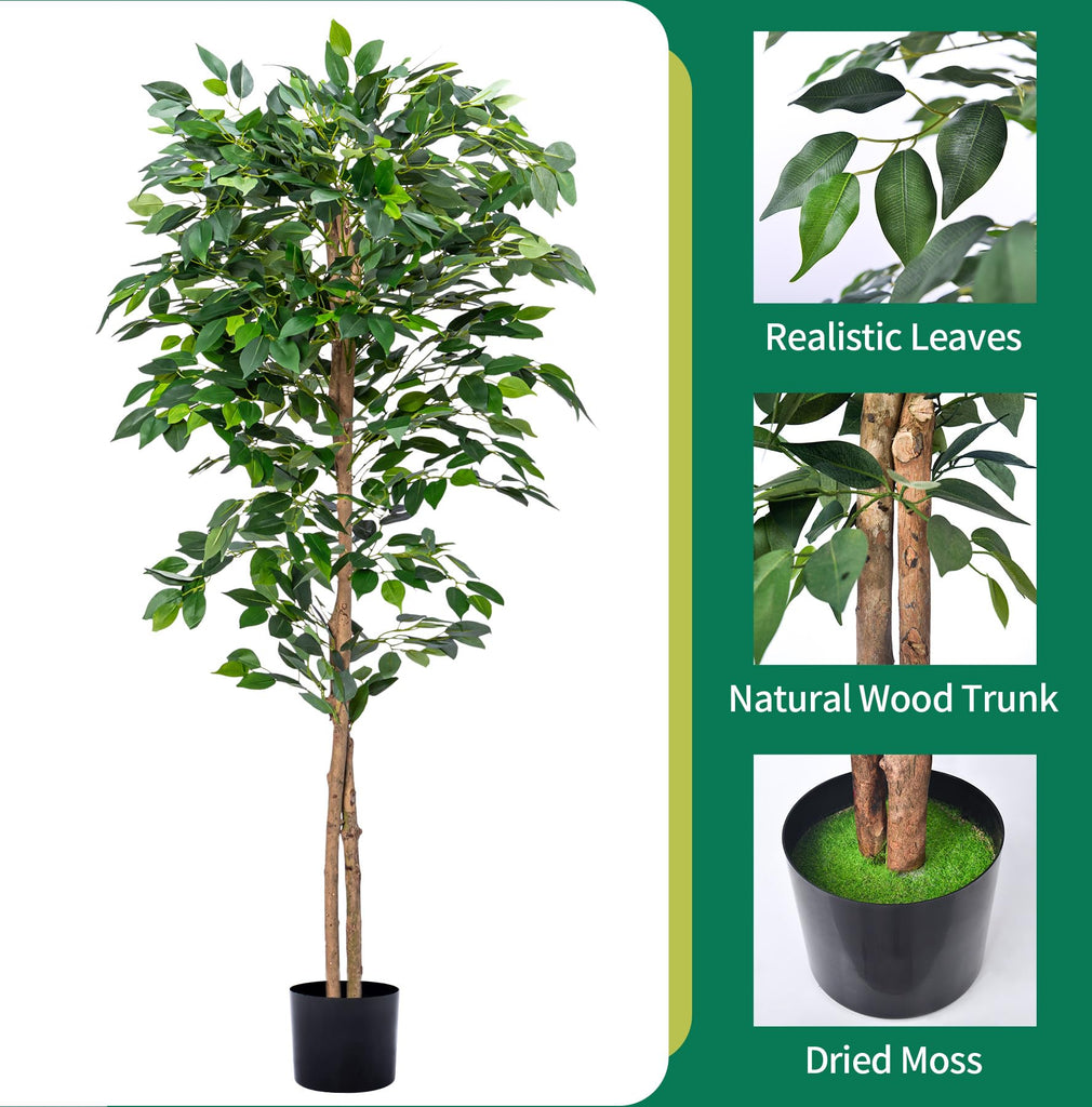 2Packs 5FT Artificial Ficus Trees with Realistic Leaves and Natural Trunk, Faux Ficus Tree with Sturdy Plastic