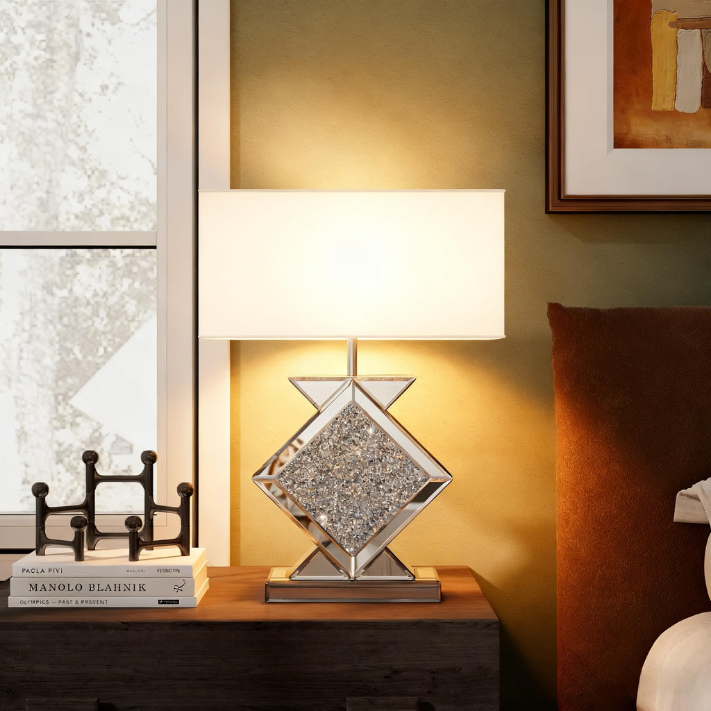 Crystal Crushed Diamond Mirrored Table Lamp, 23.6" Silver Glass Rectangular Bedside Lamp with Linen Shade, 3-Way