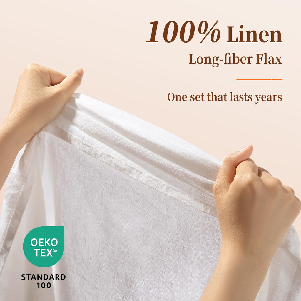100% French Linen Sheet Set 4pcs 16" Deep Pocket, Cal King Size White