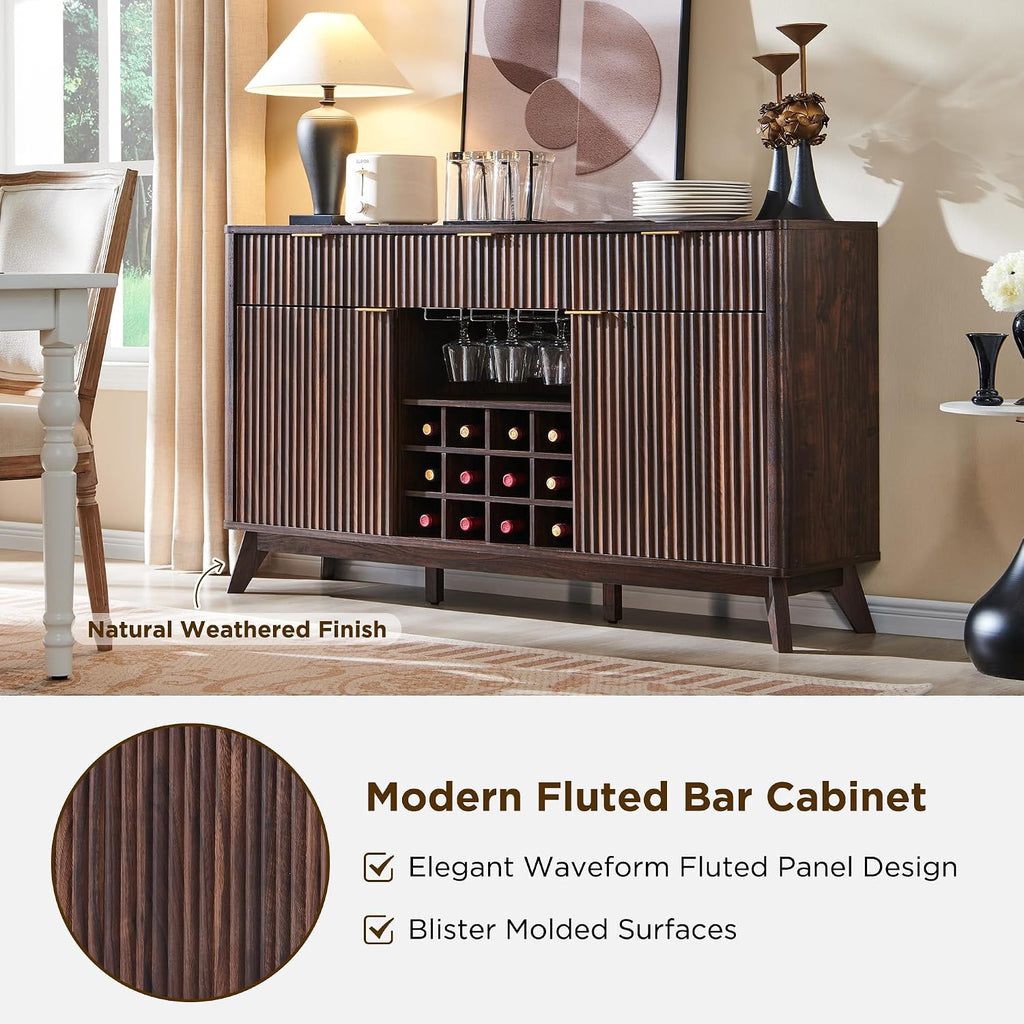 60" Fluted Wine Bar Cabinet, Mid-Century Modern Sideboard, Dark Walnut | 3 Spacious Drawers, 3 Stemware Racks, 12