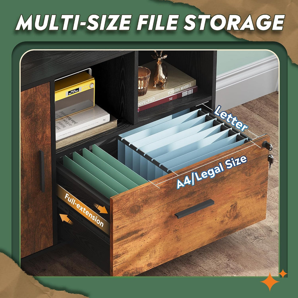 Printer Stand with Storage, Mobile Wood File Cabinet, Rustic Brown | Locking & Rolling, Lateral Filing Cabinet, Doors