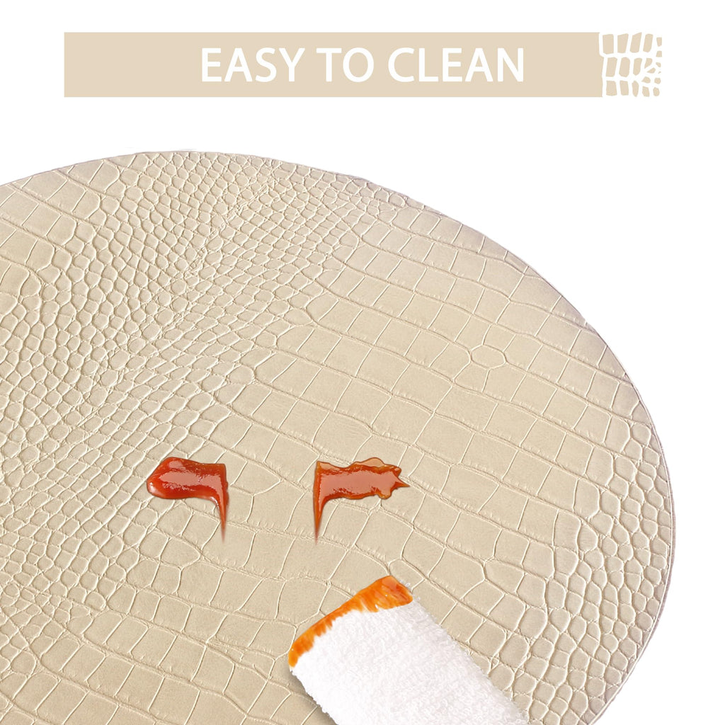 Round Leather Placemats for Round Tables Set of 6, Beige Place Mats and Coasters, Wipeable Waterproof Heat Resistant