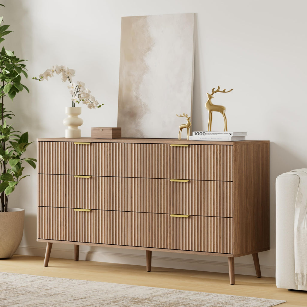 55" Wide Fluted Dresser with 6 Drawer, Modern Chest of Drawers with Curved Profile Design and Metal Handles, Wood