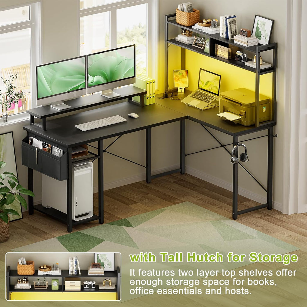 48" Small L Shaped Desk Gaming Desk with Power Outlets & Led Lights | Reversible L Shaped Computer Desk with Monitor