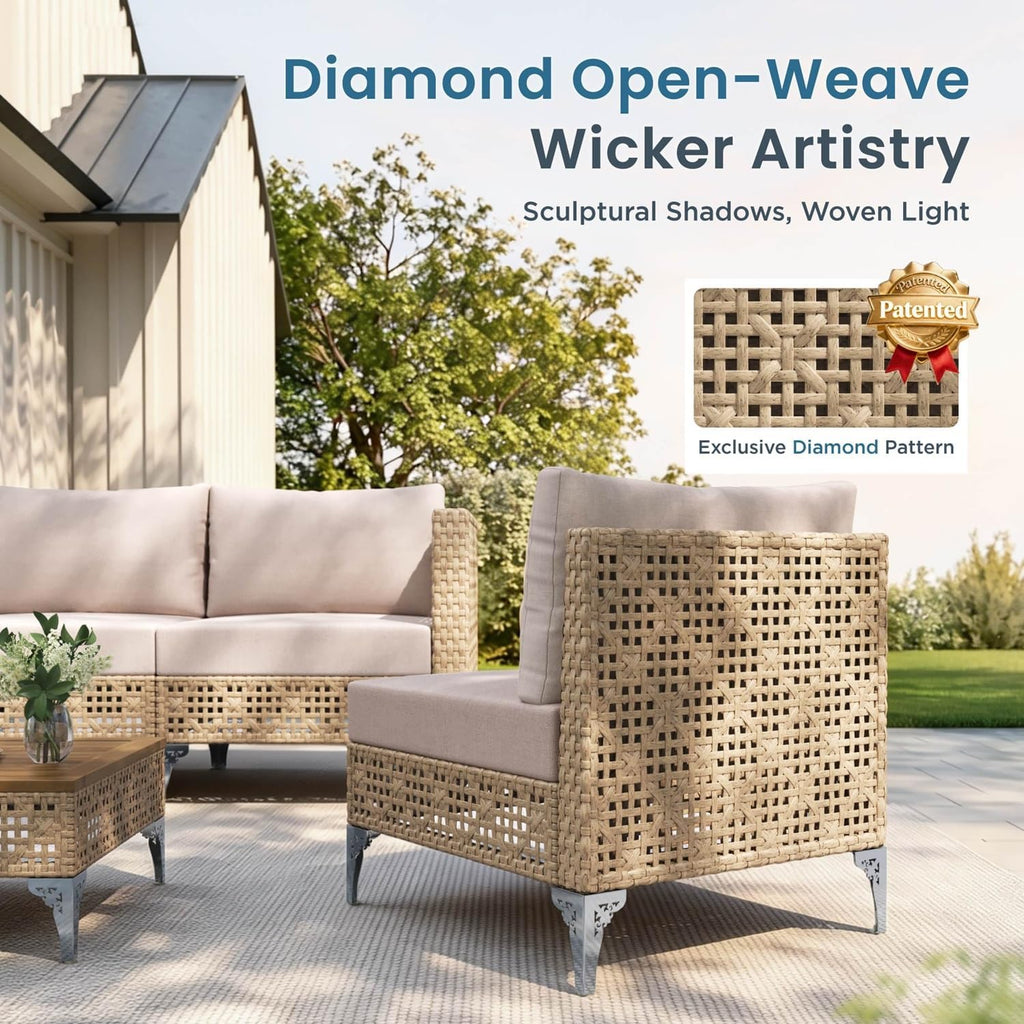 6 Pieces Wicker Patio Furniture Set, Rattan Outdoor Sectional | Boho Patio Conversation Sets with Coffee Table for