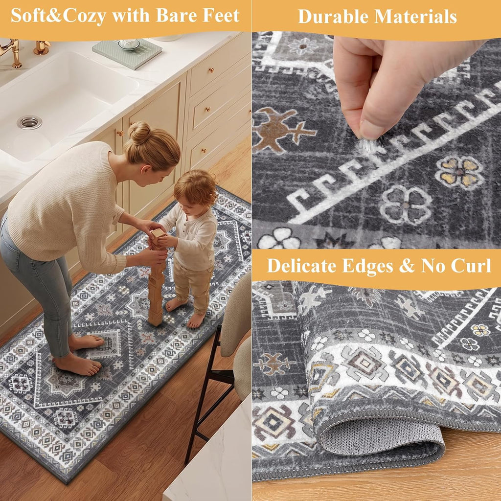 Boho Kitchen Rugs Set of 3, Non Slip Washable Kitchen Mats for Floor | Farmhouse Kitchen Runner Rug Set, Soft Vintage