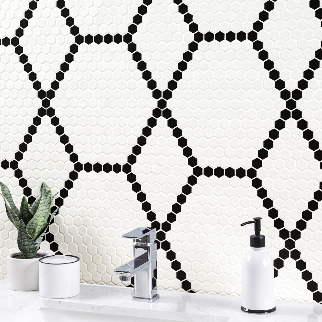 Porcelain Wall Tile | White and Black Hive Pattern | 11.73" x 11.85"