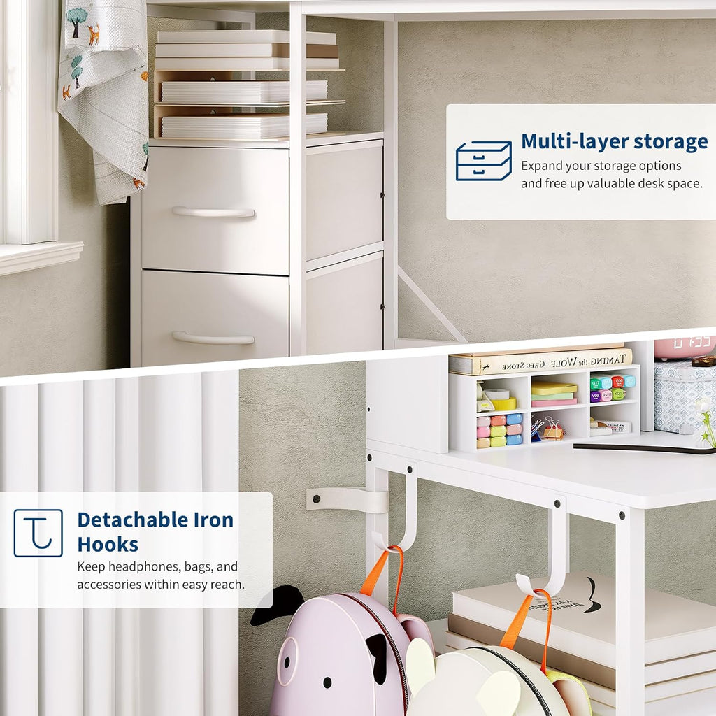 69" Double Kids Desk and Chair Set with Hutch & 4 Storage Drawers