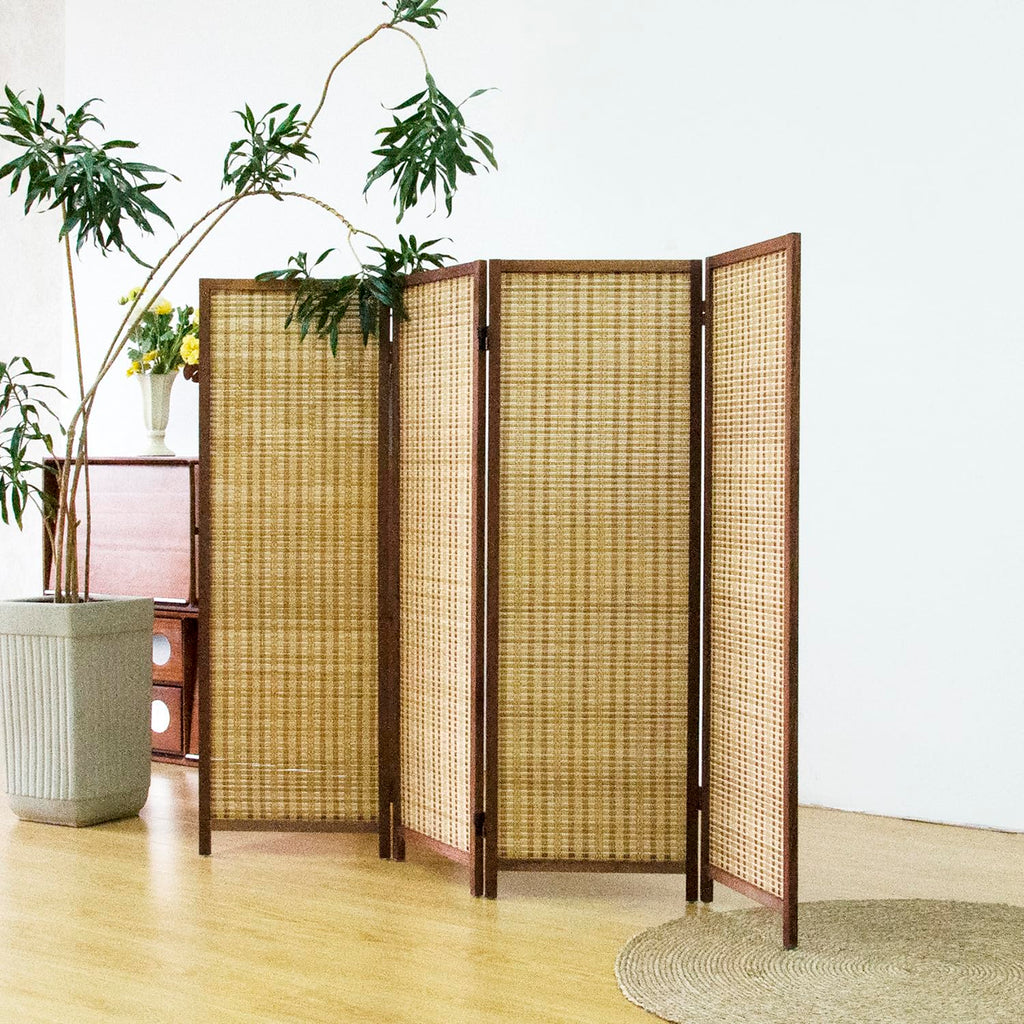 4 Panel Short Panel Divider Screen, 3.95 FT Tall Bamboo Room Divider Folding Privacy Screen, Short Panel Divider