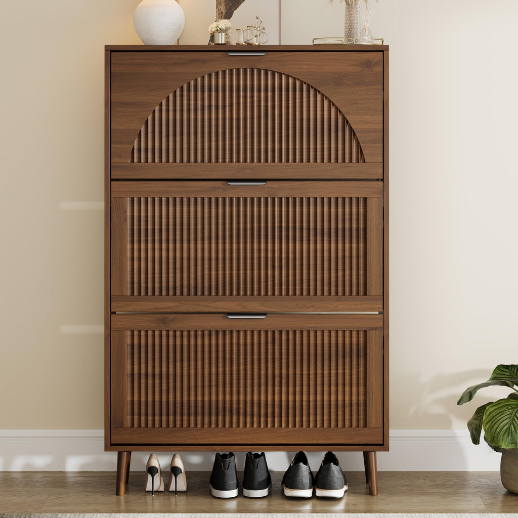 Fluted Shoe Cabinet with 3 Flip Drawers, Narrow Wood Shoe Storage Cabinet Slim Shoe Rack, Freestanding Shoe Cabinet