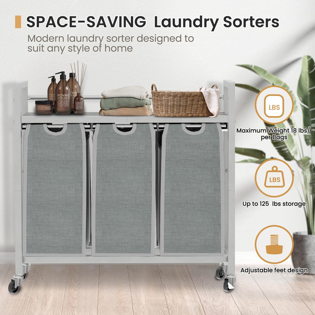 Laundry Sorter, Laundry Hamper 3 Section, 3×11.4Gal, Metal Frame Rolling Laundry Basket with Wooden Top Shelf, Pull