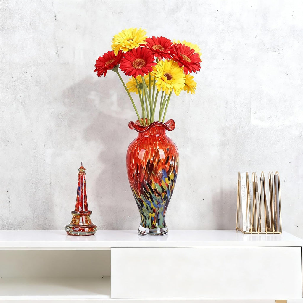 12.2H Murano Hand Blown Glass Vase, Ruffled Scalloped Rim Wide Mouth Colorful Decorative Flower Vase, Large Glass