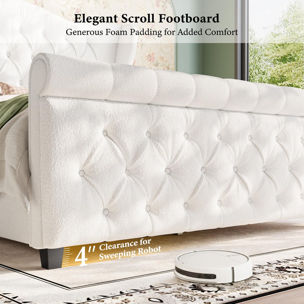Bed Frame Upholstered Wingback Headboard Sleigh Footboard