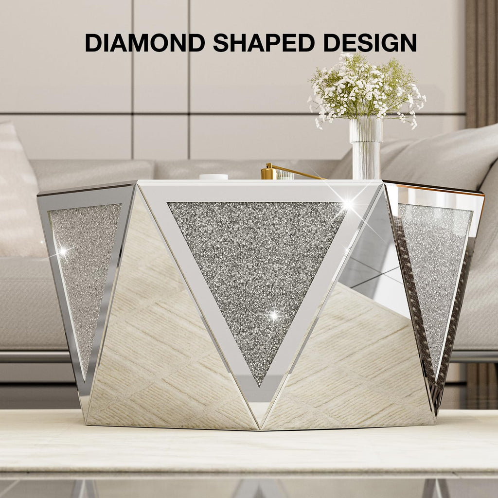 Mirrored Coffee Table with Crushed Diamond, Luxury Hexagon Silver Coffee Table, Living Room Table for Art Deco Office
