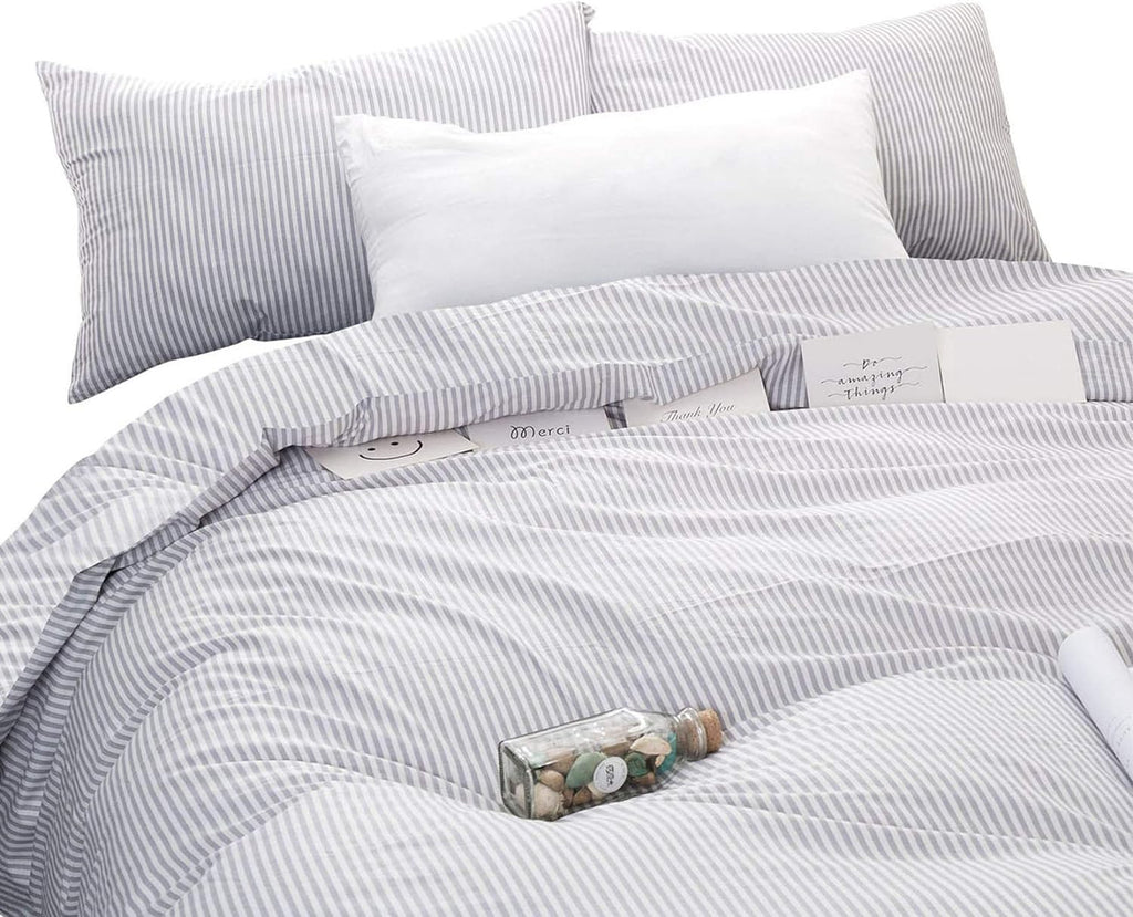 Striped Cotton Duvet Cover Set, Ticking Stripe Pinstripe Farmhouse, 100% Cotton Bedding Set, 3 Pieces, Gray White, King