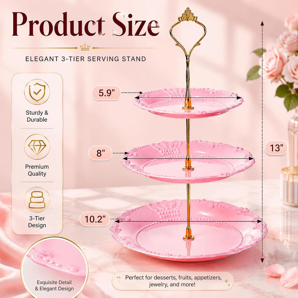 Tier Plastic Cupcake Stand, Dessert Plates Cake Fruit Candy Display Tower Reusable Pastry Platter - Set of 3