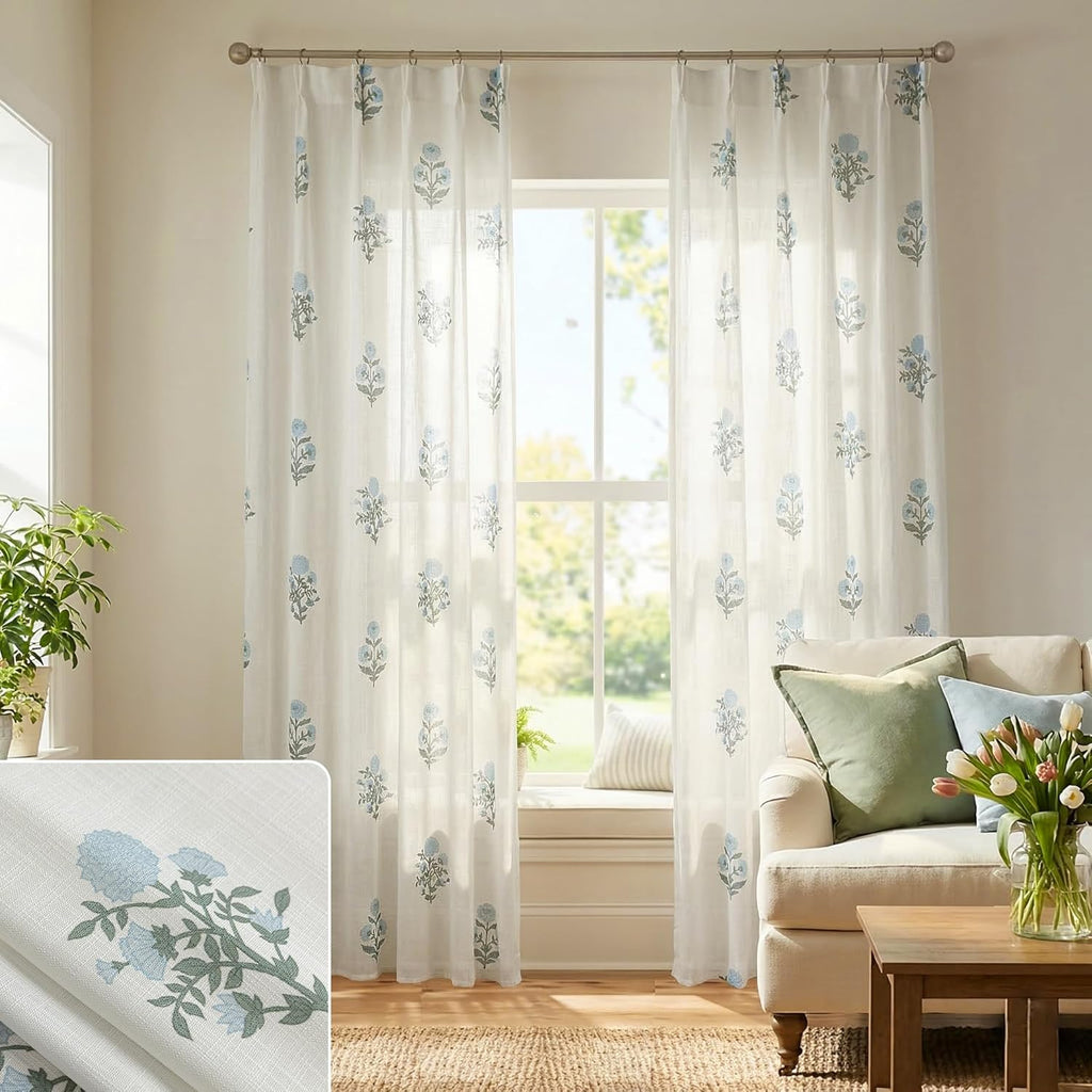 Pinch Pleated Floral Linen Curtains, 108 Inch Floor to Ceiling Pleat Drapes for Track System, 9FT Long Semi Sheer