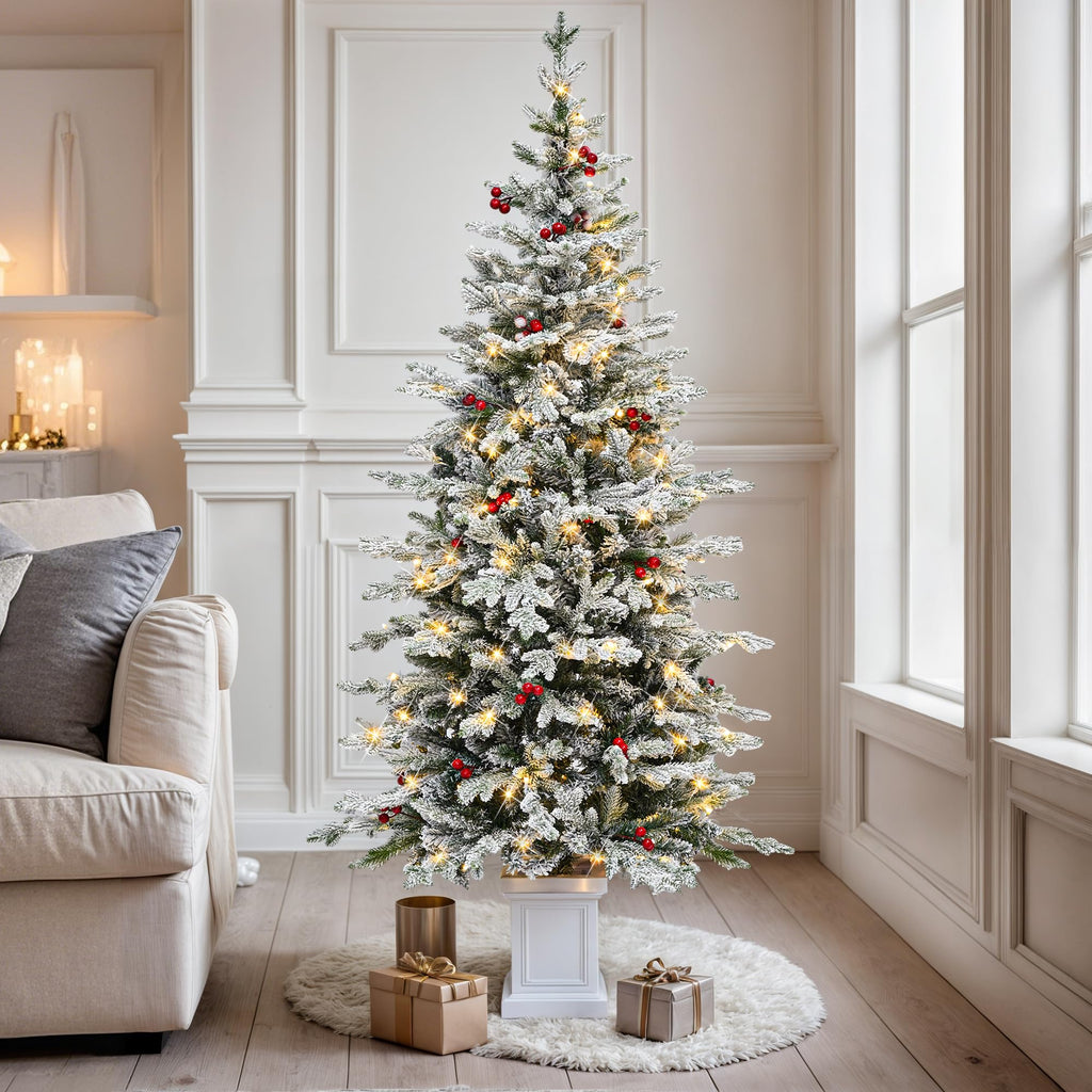 Potted Pre-Lit Flocked Arctic Fir Pencil Tree, 6 ft Slim Christmas Tree with 15 Pre-Decorated Red Berries, 520 PE &