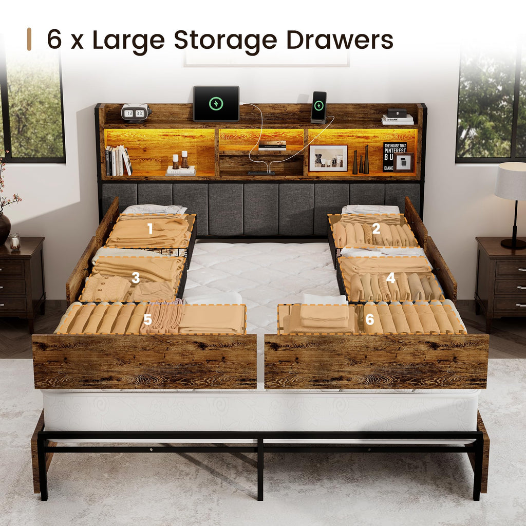 Bed Frame with 6 Storage Drawers, Linen Upholstered Headboard, Built-in USB Charging Station & LED Lighting