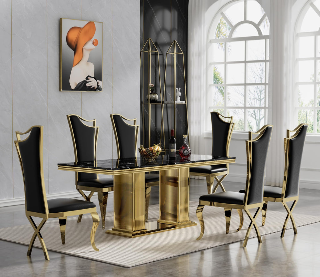 68 in Faux Marble Dining Table for 4-6, Black Marble Dining Table with Gold Stainless Steel Base, Luxury Rectangular