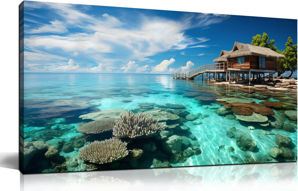 Ocean Scenic Canvas Wall Art, Blue Seascape Wall-Decor Picture , Ocean Scenery Canvas Decoration, Coastal Landscape