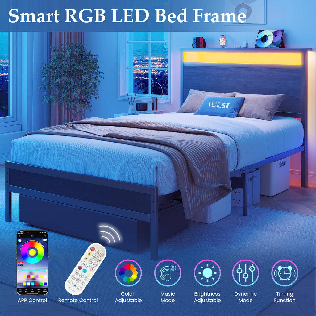 Bed Frame, Bed Frame with Storage Headboard & Storage Drawer, Charging Station & LED Light, No Box Spring