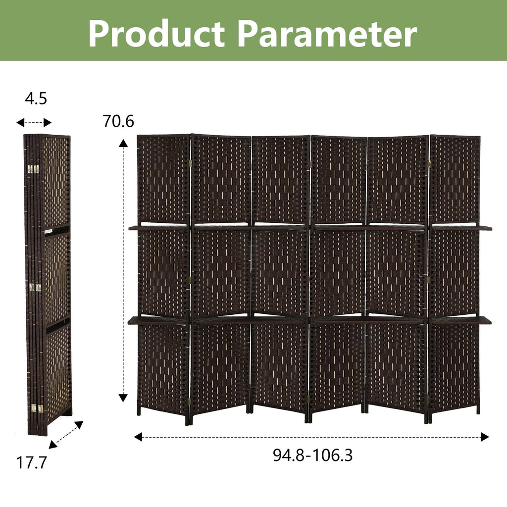 6 Panel Folding Room Divider with Shelves | 5.9ft, Dark Brown