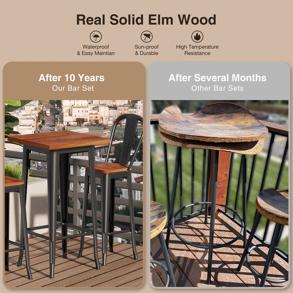 Bar Table and Chairs Set, Pub Table and Chairs Set of 2, with Elm Solid Wood and Thickened Metal Frame, for Bar