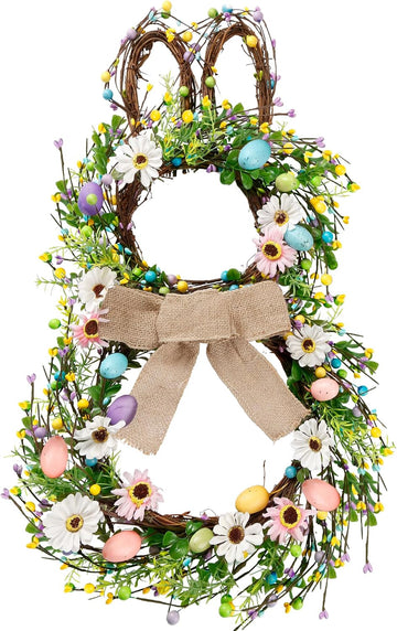 25 Inch Easter Bunny Shaped Artificial Flower Wreath with Colorful Berries Daisies Greenery Bow Knot for Front Door