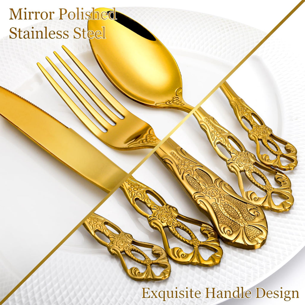 40 Pieces Gold Silverware Set for 8, Retro Royal Utensils Set Gold, Stainless Steel Flatware Dinnerware Set Including