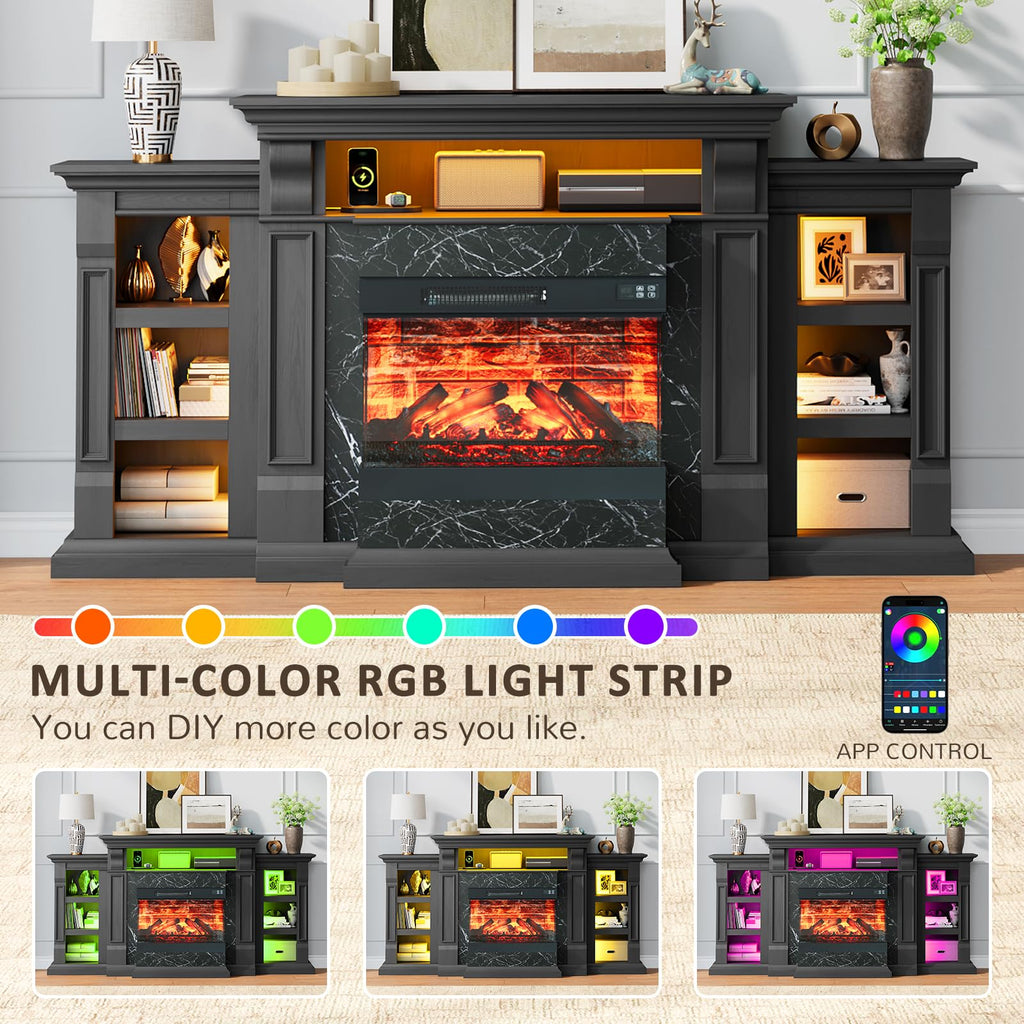 72" Electric Fireplace TV Stand w/ 3-Side Glass Heater, Marble Finish