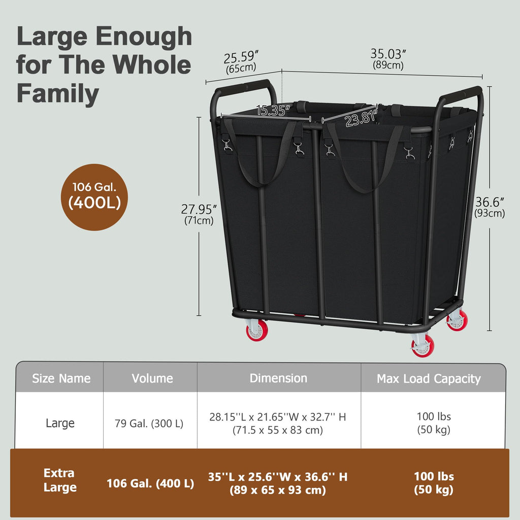 2 Section Laundry Sorter Cart, 400L Rolling Hamper with Wheels, Industrial Laundry Basket Organizer, Extra Large