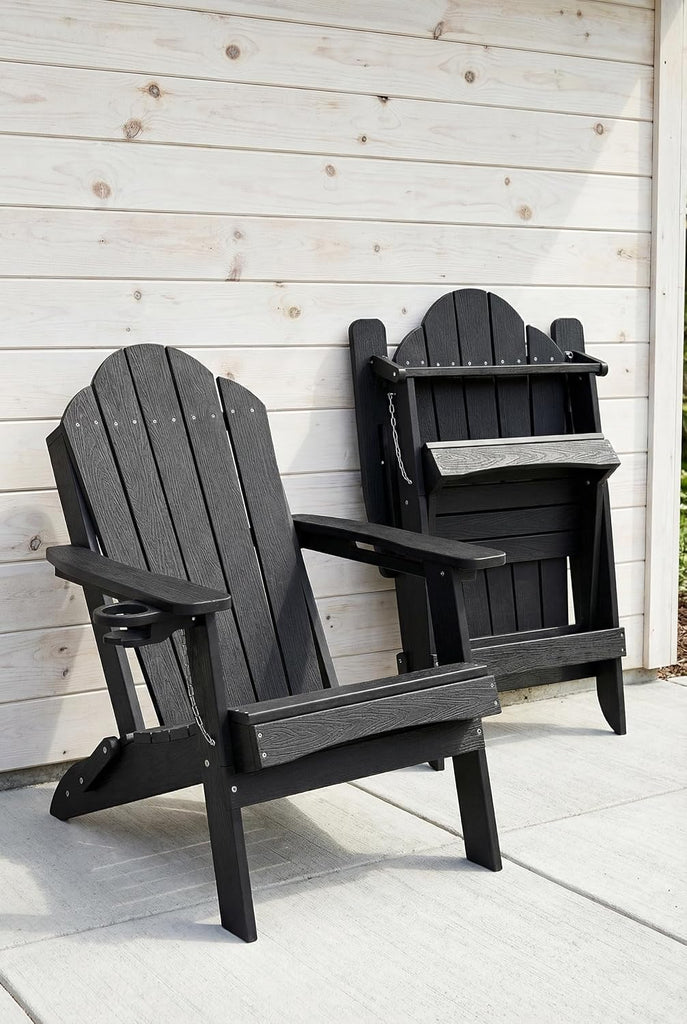 HDPE Folding Adirondack Chair, Cup Holder, Set of 4, Black | HDPE poly lumber, folable, all-weather resistant, Low