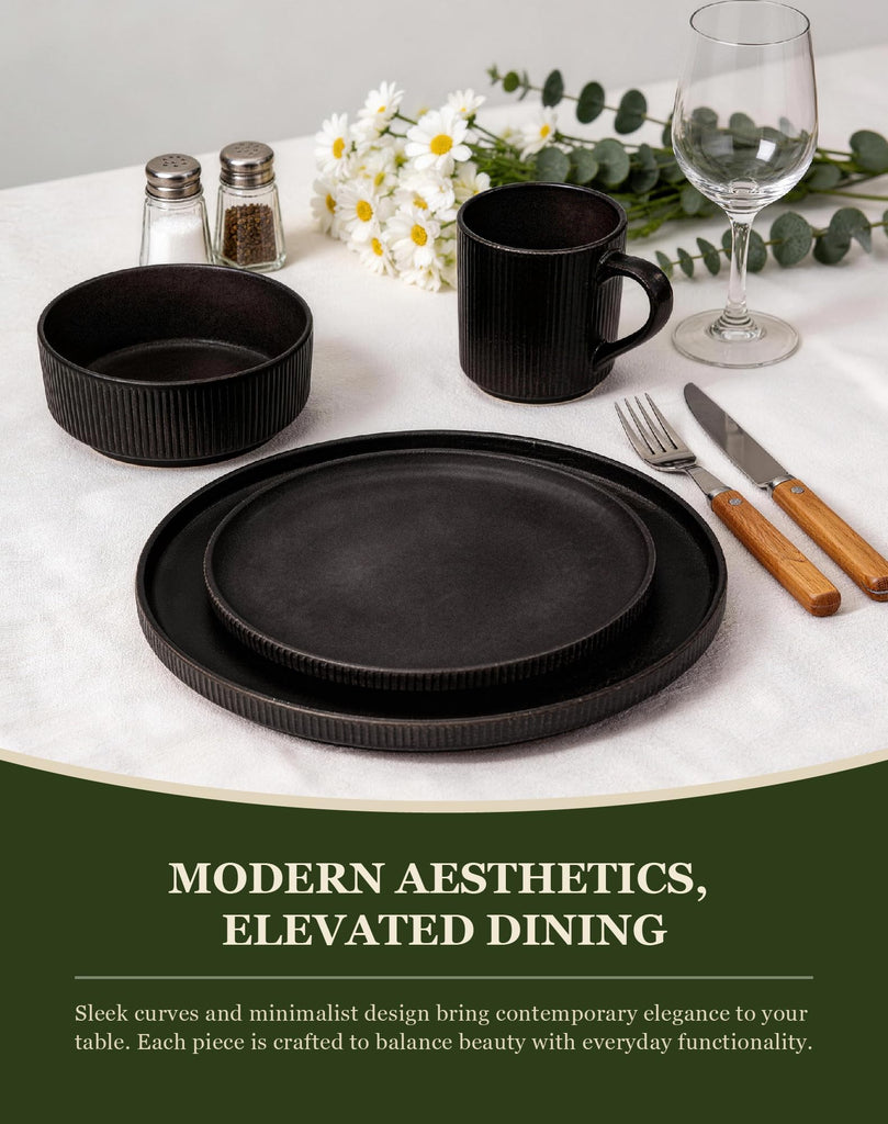 16-Piece Dinnerware Set for 4 with Mugs, Ribbed Stoneware Plates and Bowls Sets, Unique Handcrafted Reactive Glaze
