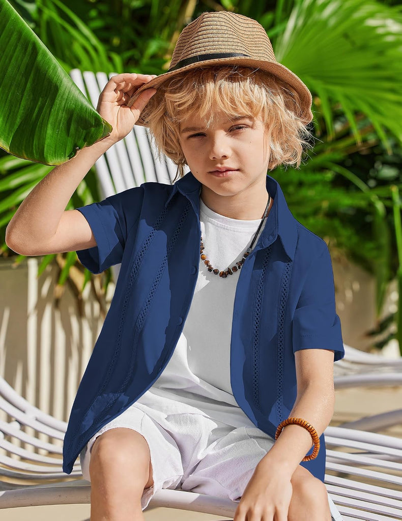 Boys Cuban Guayabera Shirt Short Sleeve Linen Button Down Shirts